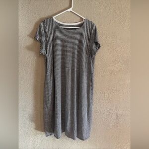 Eileen Fisher Black & White Striped Short-Sleeve Midi Dress Sz Large Org. Linen